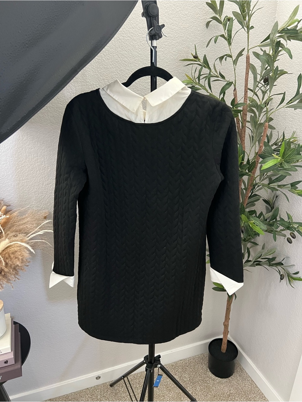 SHEIN Black Quilted Top with White Collar - Women's Classic Layered Look Size S